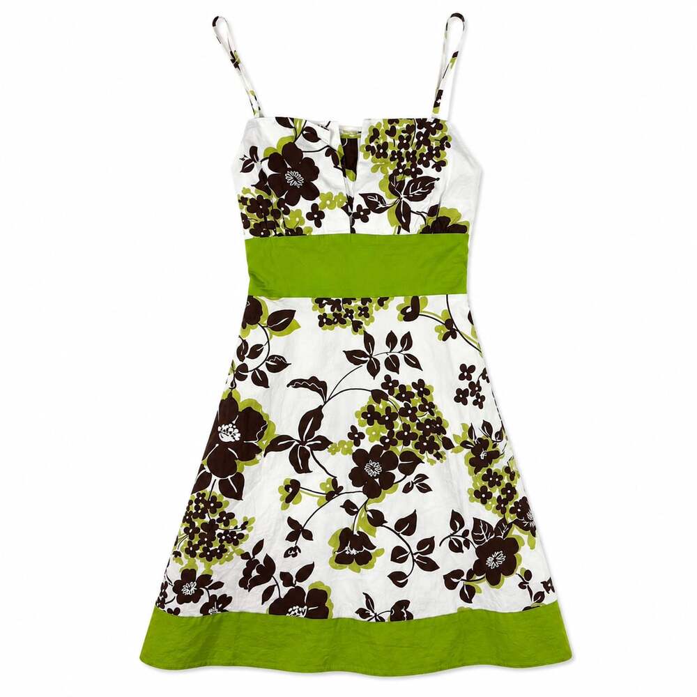 Vintage Y2K Pulse Floral Print Spaghetti Strap Sundress White Brown Green